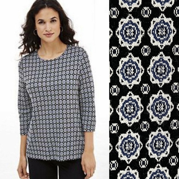 J. Jill Wearever 3/4 Sleeves Geometrical Print Knit Pullover Sweater Top - Picture 1 of 10